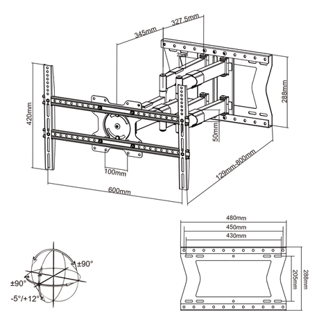XTRARM Cratos 80 cm double Rotation VESA 600 - Support mural TV Noir
